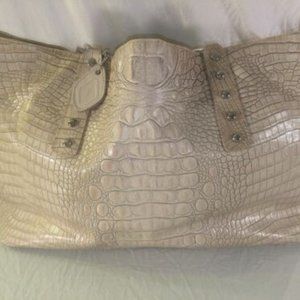 Isanti Croc Skin Embossed Leather White Large Shoulder Bag